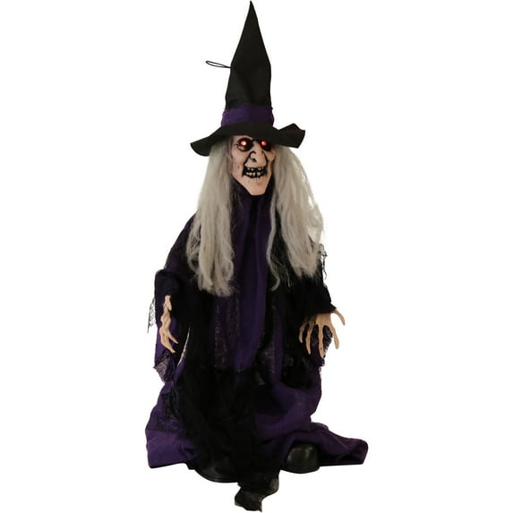Haunted Hill Farm 2.25-ft. Animatronic Witch, Indoor/Outdoor Halloween Decoration, Red LED Eyes, Poseable, Hazel