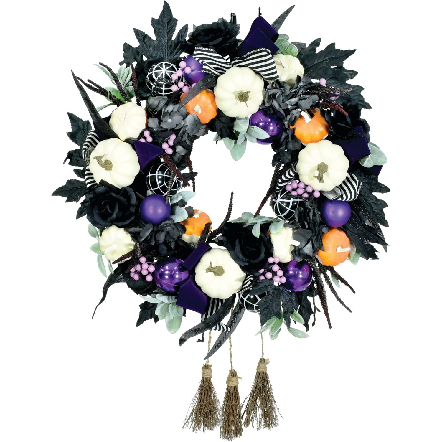 Haunted Hill Farm 24-in. Halloween Wreath with Pumpkins, Brooms, and Black Leaves, HHWRTHPMP-BLK