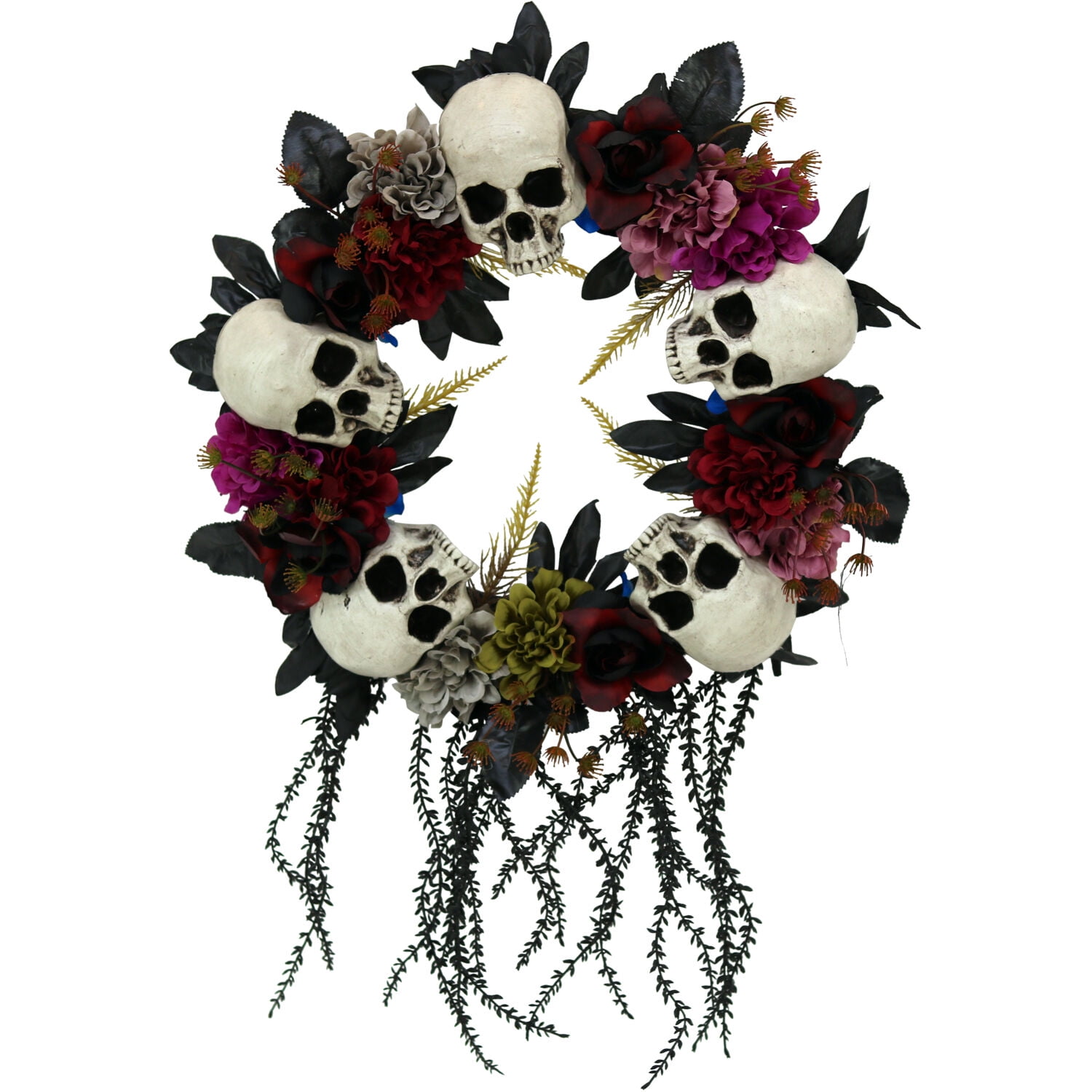 Haunted Hill Farm 24 in. Hanging Wreath with Skulls, Fall Flowers, and Vines | Indoor/Covered Outdoor Halloween Props Decoration | HHWTHSKL-2