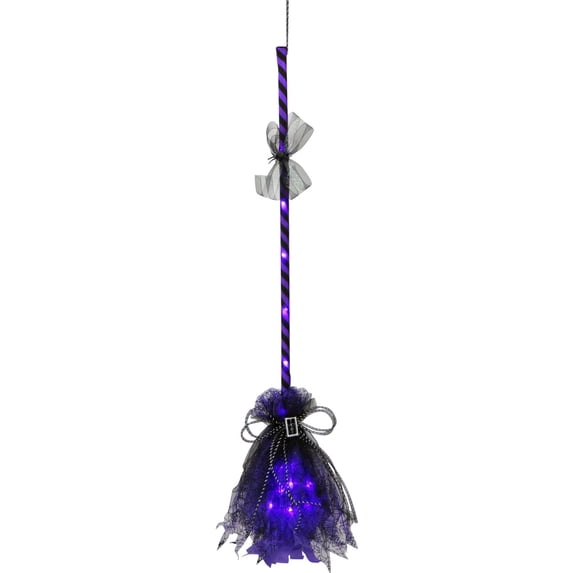 Haunted Hill Farm 3 ft Purple Witch's Broomstick with Purple Lights, Indoor/Covered Outdoor Halloween Decorations, HHBROOM-1LS