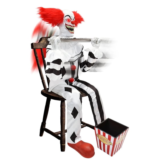 Haunted Hill Farm Green/Red LED Plug-In/Battery Scareclown Saw & Candy Halloween Animatronic 4.1-ft.