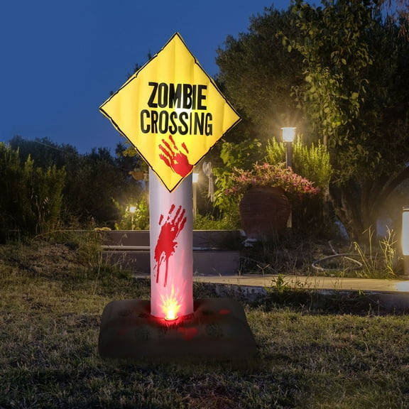 Haunted Hill Farm 6 ft Prelit Inflatable Zombie Crossing Sign, HIZOMBSIGN061-L