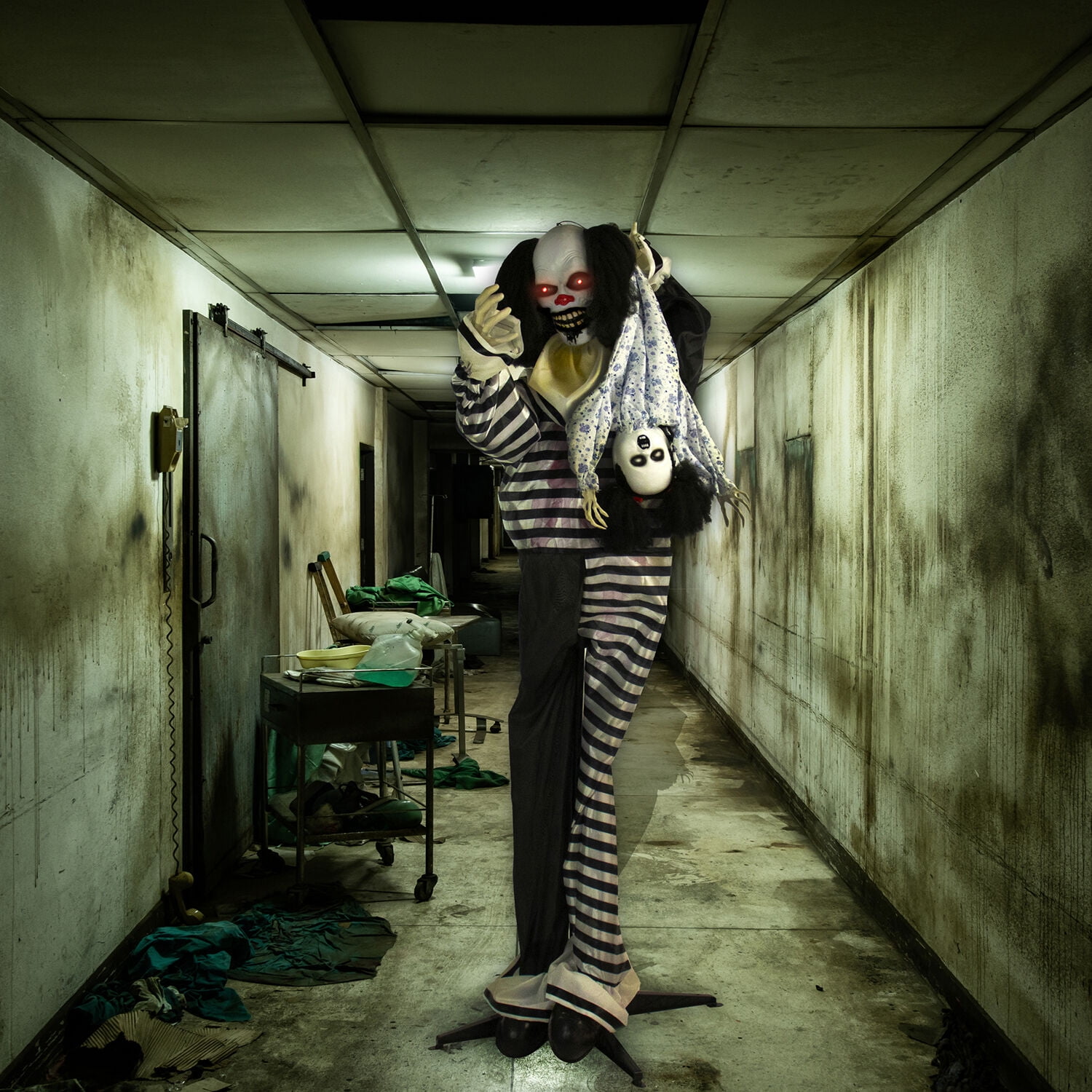 Haunted Hill Farm 6 ft Animatronic Clown with Doll, Life-Sized Halloween Prop, HHCLOWN-10FLSA