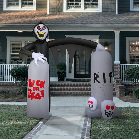 Haunted Hill Farm 8-Ft. Inflatable Halloween Grim Reaper Tombstone Walkway Arch with LED Lights Festive Holiday Blow-Up Decorations, HIHARCH092-L