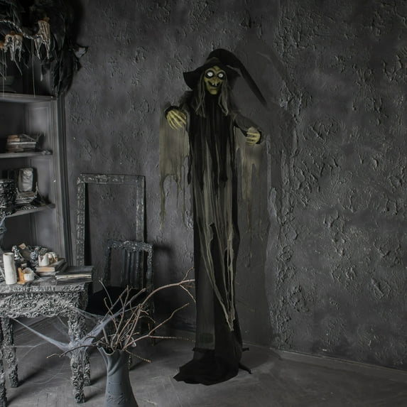 Haunted Hill Farm 9.5 ft Animatronic Witch, Indoor or Covered Outdoor Halloween Decoration, Light-up White Eyes, Poseable, Battery-Operated, HHWITCH-16FLSA