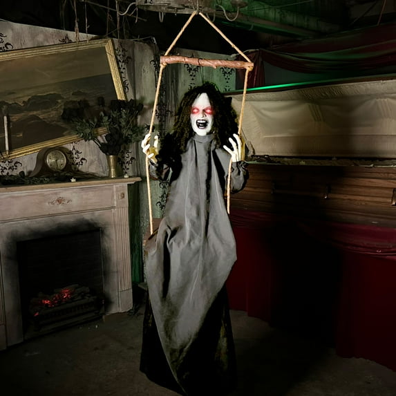 Haunted Hill Farm 15.7 in Animatronic Demon Woman on Swing with Lights and Sound, Halloween Decoration, HHGIRL-10HLSA