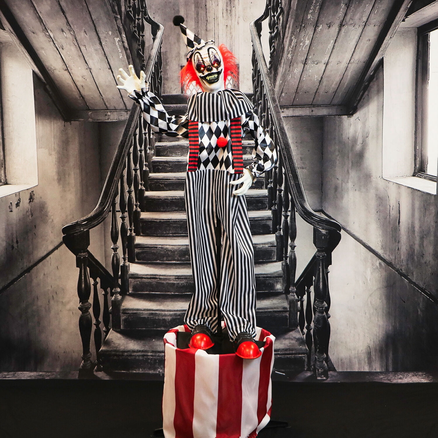 Haunted Hill Farm 6 ft Animatronic Talking Clown on a Stage with Movement and Light-Up Eyes for Scary Halloween Decoration, HHCLOWN-31FLSA