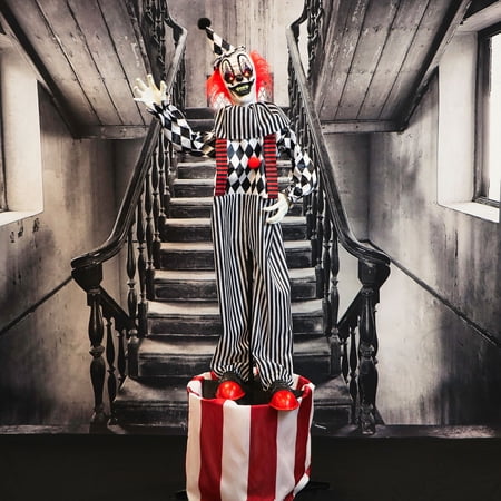 Haunted Hill Farm 6 ft Animatronic Talking Clown on a Stage with Movement and Light-Up Eyes for Scary Halloween Decoration, HHCLOWN-31FLSA