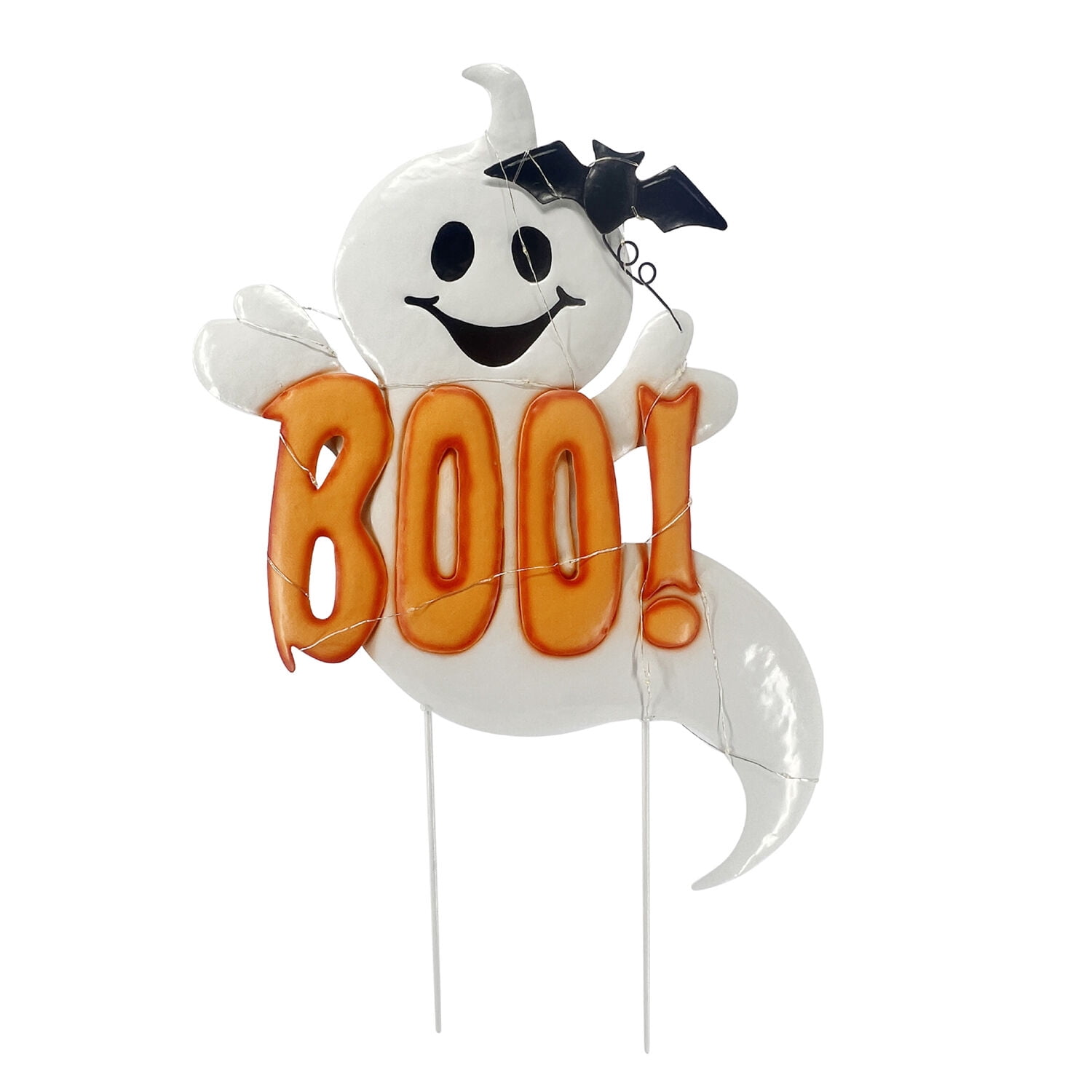 Haunted Hill Farm Halloween Decoration White Happy Halloween Ghost Stake Sign Warm White 2-Ft.