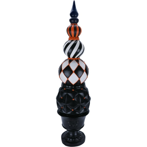 Haunted Hill Farm 4 ft Resin Ball and Finial Topiary in a Black Pedestal Urn Indoor/Outdoor Halloween Decoration, Harlequin and Stripe, HHRS050-0FIN-MLT