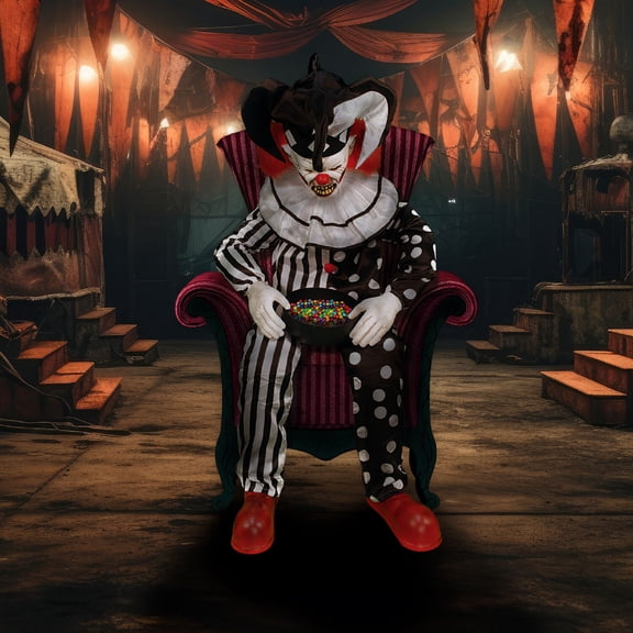 Haunted Hill Farm Hartley the Sitting Scare Clown by Tekky, Premium Talking Halloween Animatronic, Plug-In or Battery