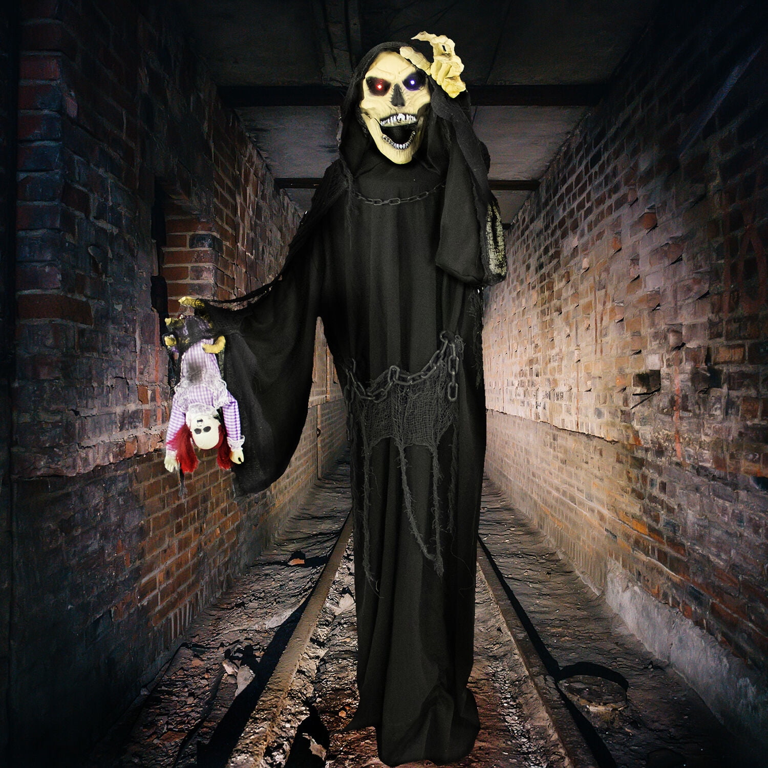 Haunted Hill Farm Life-Size 5.7 ft Animatronic Reaper, Indoor/Outdoor Halloween Decoration, Flashing Colorful Eyes, Poseable, Battery-Operated, HHRPR-6FLSA
