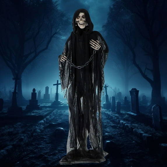 Haunted Hill Farm 5 ft Life-Size Animated Grim Reaper Prop w/ Chain and Rotating Head for Indoor or Outdoor Halloween Decoration, Battery-Operated