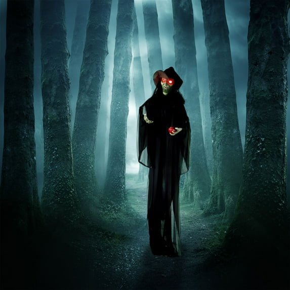 Haunted Hill Farm 7.3 ft Life-Size Animatronic Witch, Indoor/Outdoor Halloween Decoration, Flashing Red Eyes, Poseable, Battery-Operated, HHWITCH-8FLS
