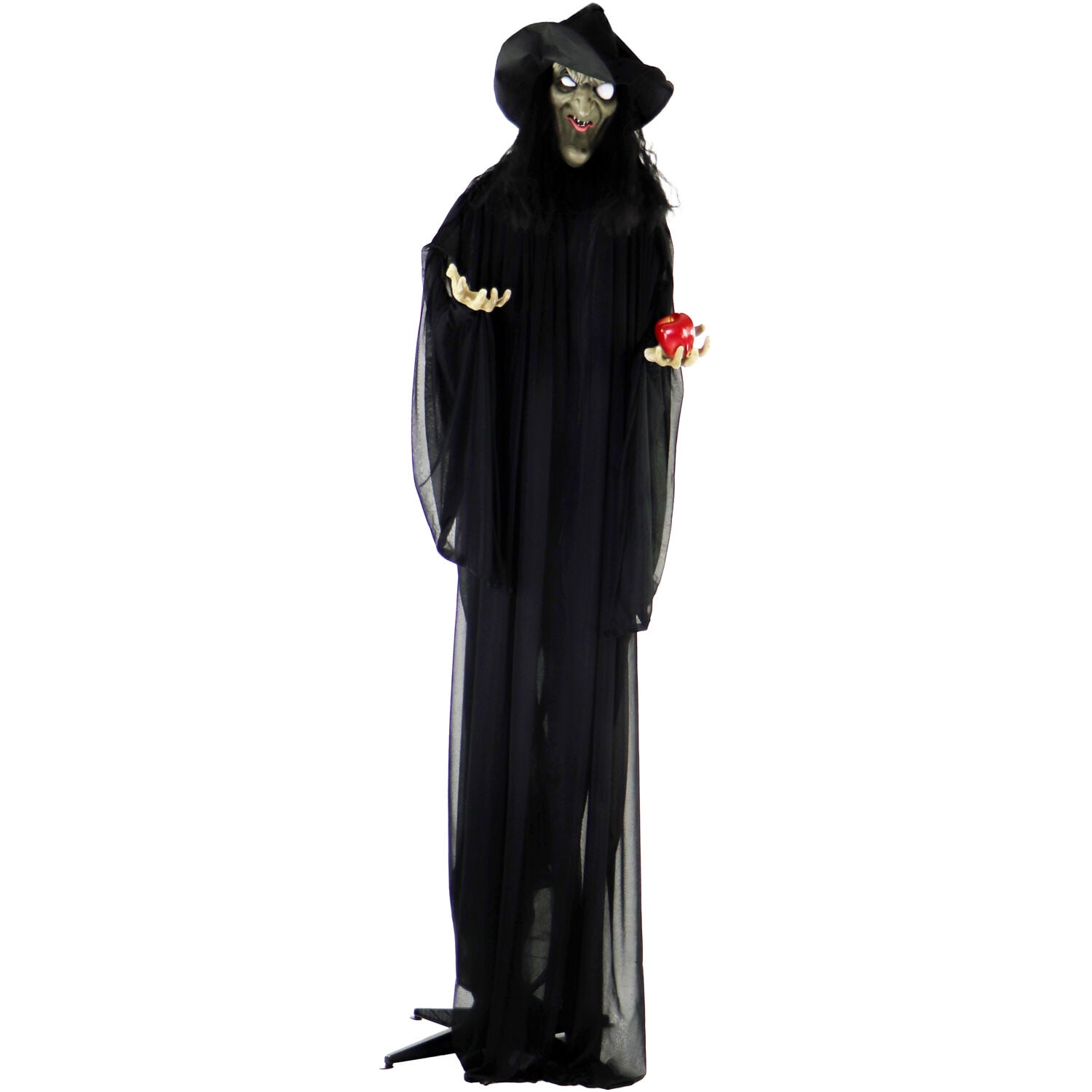 Life-Size Black Polyester Witch Animatronic with Red Apple