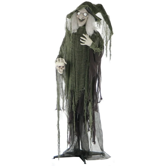 Haunted Hill Farm Life-Size Animatronic Witch with Skull, Lights and Sound, Indoor/Covered Outdoor Halloween Decoration, HHWITCH-4FLSA