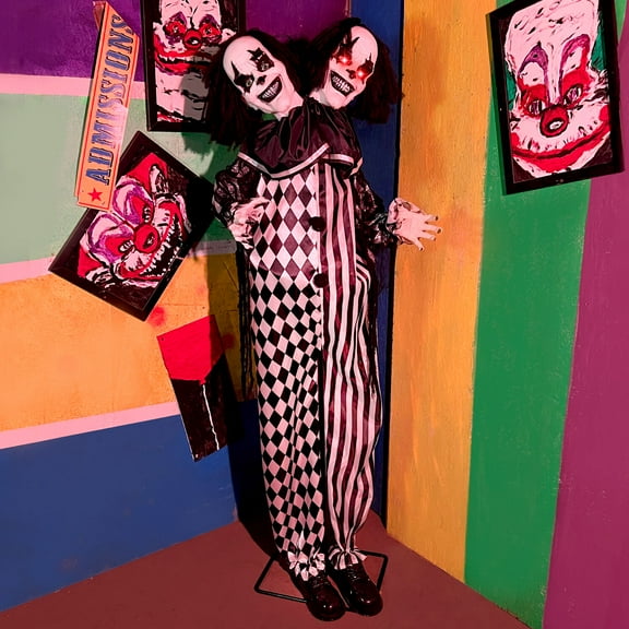Haunted Hill Farm Lifesize 5.5 ft Animatronic Two-Headed Clown with Lights and Sound, Indoor/Outdoor Halloween Decoration, HHCLOWN-37FLSA