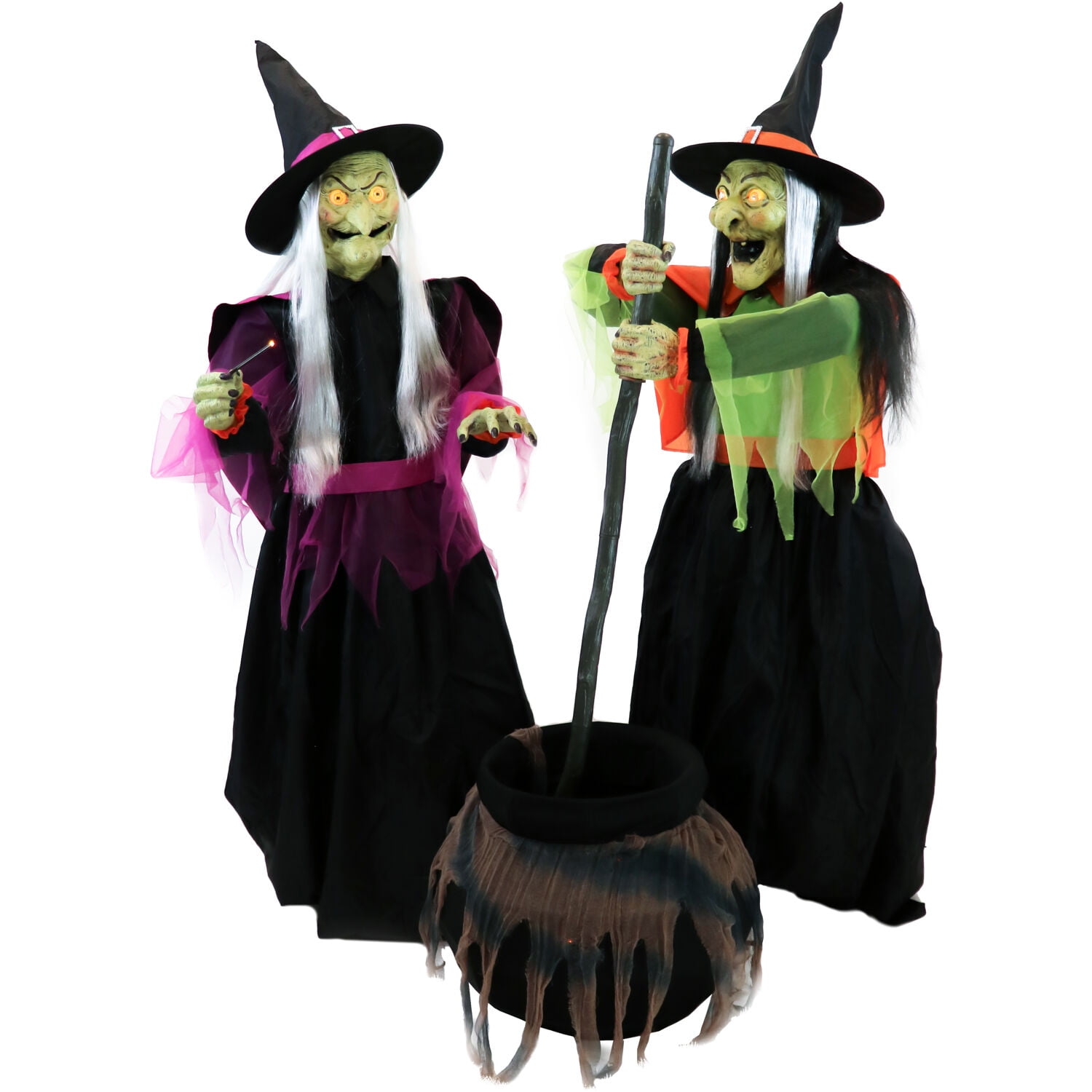 Haunted Hill Farm Motion-Activated Wicked Cauldron Witches, Premium Talking Halloween Animatronic, Plug-In, HHWTCHCLDN-3FLSA