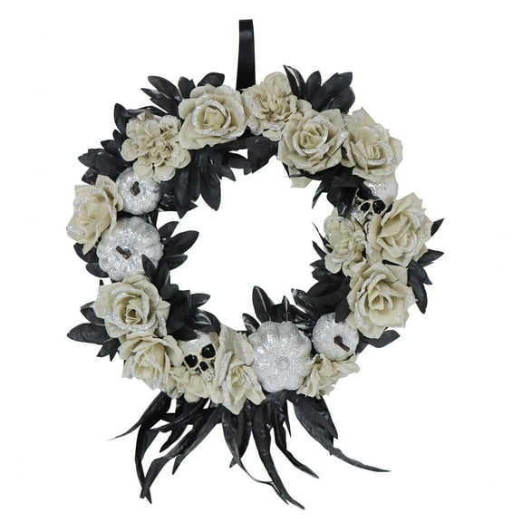 Haunted Hill Farm 15 in Multicolor Floral Glitter Wreath with Skull and Pumpkins, HHPUMP-2WRTH
