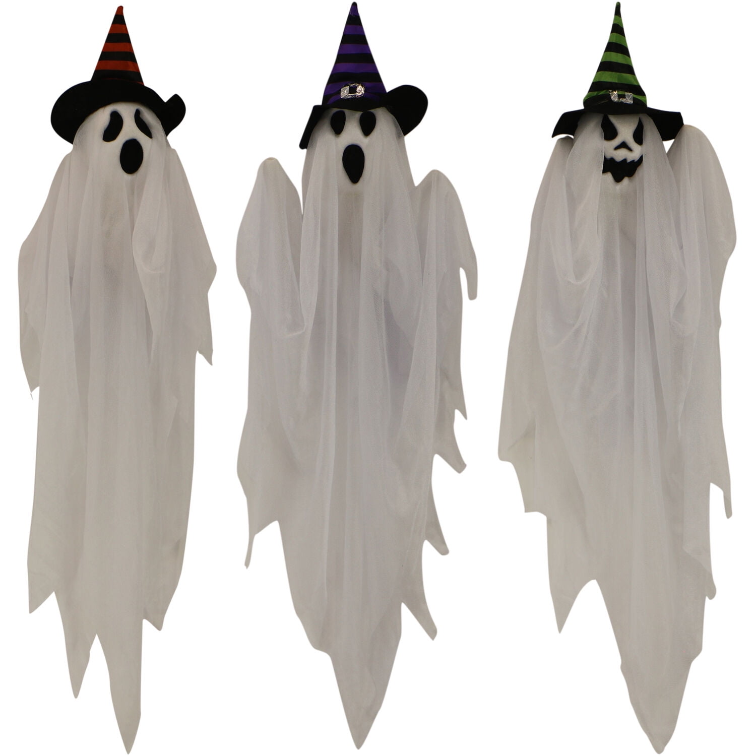 Set of 3 Hanging White Ghosts with Witch Hats