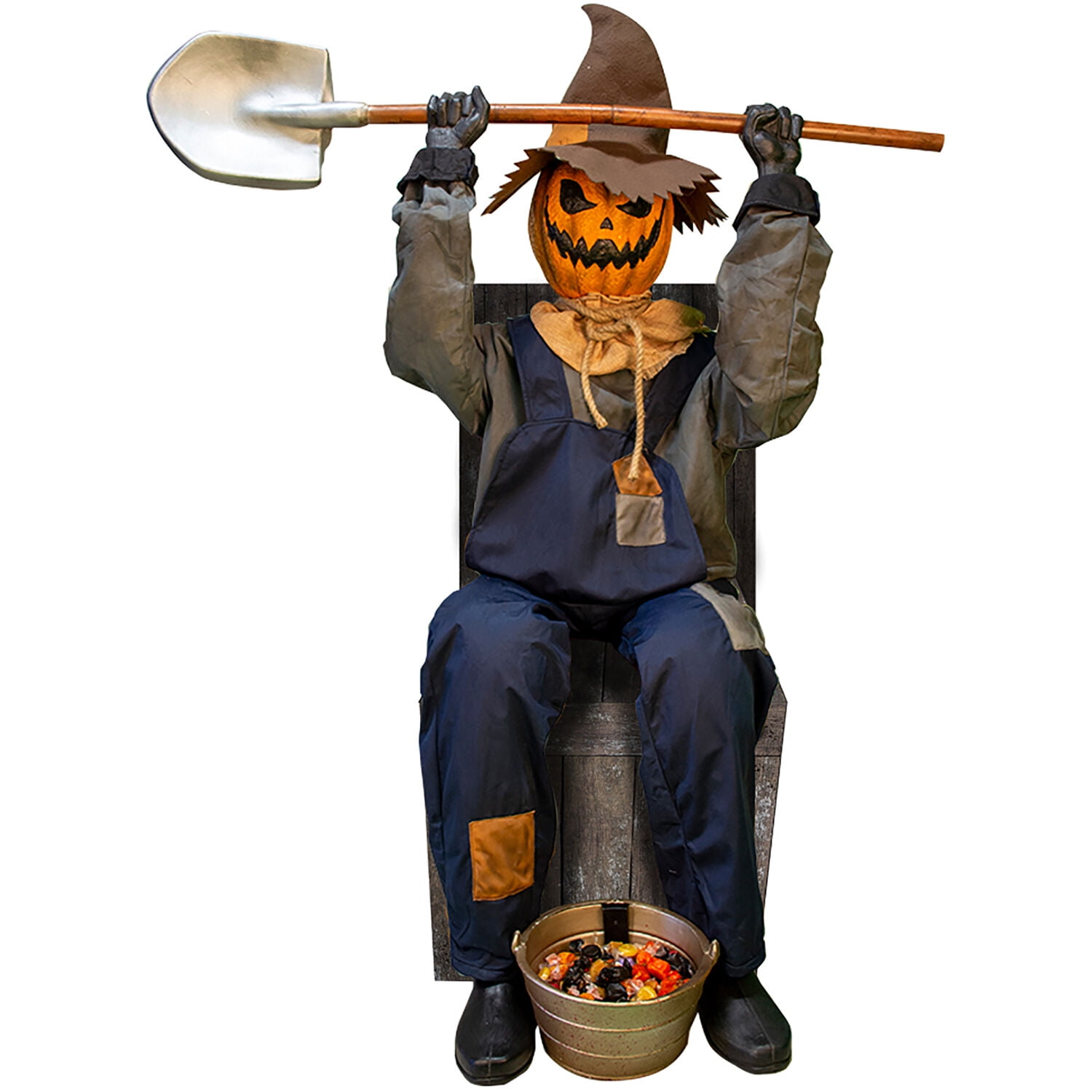 Haunted Hill Farm 55" Sitting Scarecrow Animatronic by Tekky with Lights and Sound, Halloween Decor, HHSTPUMP-1FLSA