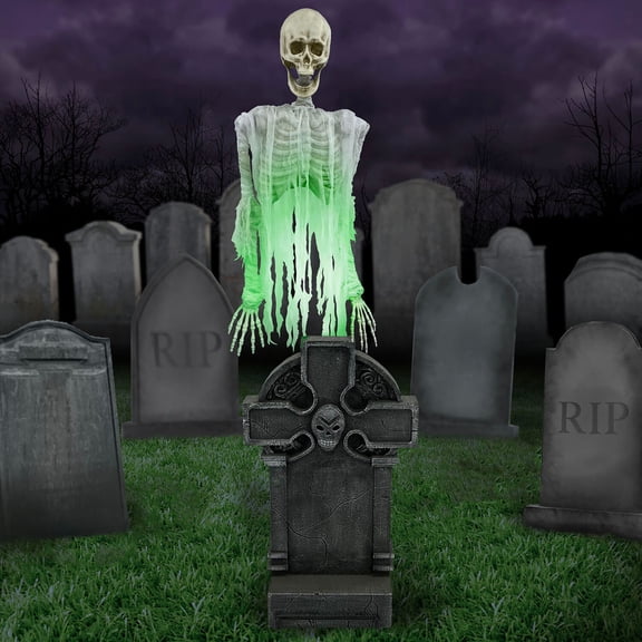 Haunted Hill Farm 5.9 Ft. Motion-Activated Floating Skeleton Ghost Over Tombstone by Tekky, Premium Halloween Animatronic, Battery Operated, HHTMBSKEL-2LS