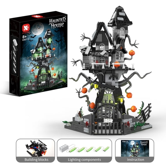 Haunted House Building Kit with LED Lights & Motor, KY BLOCKS Halloween Castle Model with Pumpkins and Ghostly Trees, Spooky Terrifying Architecture Bricks, Collectible Desk Decor for Adults Teens Ki