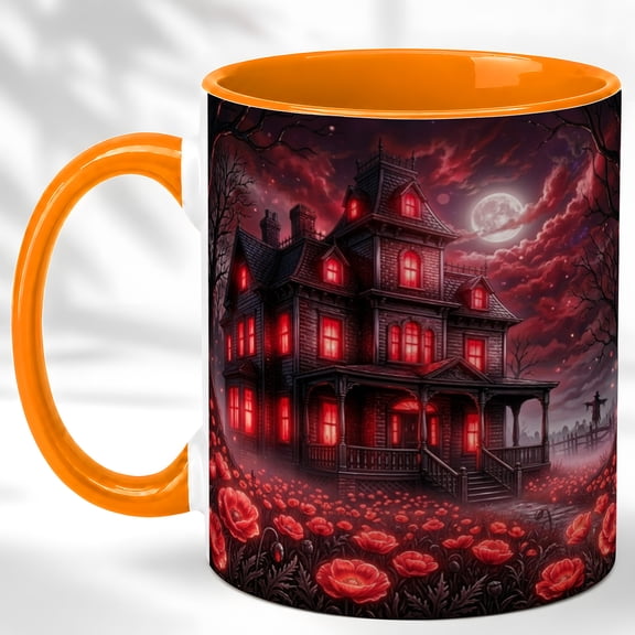 Haunted House Coffee Mug, Gothic Poppy Mug, Ceramic 11 oz