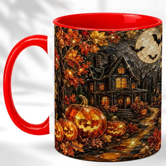 Haunted House Coffee Mug, Jack O Lantern Mug, Ceramic 11 oz