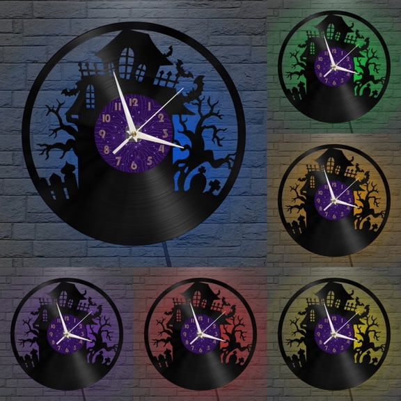 Haunted House Decoration Vinyl Wall Clock, Vinyl Record Clock Wall Art Silent & Non-ticking(12 inchs P-LED)