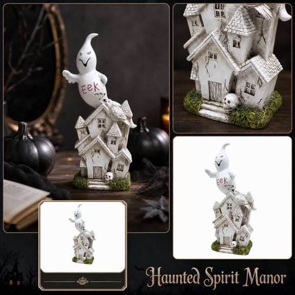 Haunted House Decorations, Playful "Eek" White Ghost on Creepy Stump House Figurine, Halloween Party Decor for Adult Haunted Gathering, Halloween Desk Decorations for Office