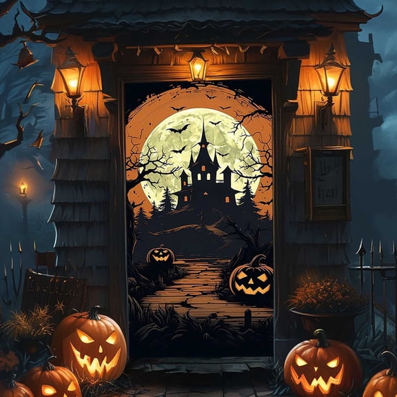 Haunted House Doorway Cover 180X90CM Halloween Scene Backdrop With Ghost Print Easy-Hanging Style B