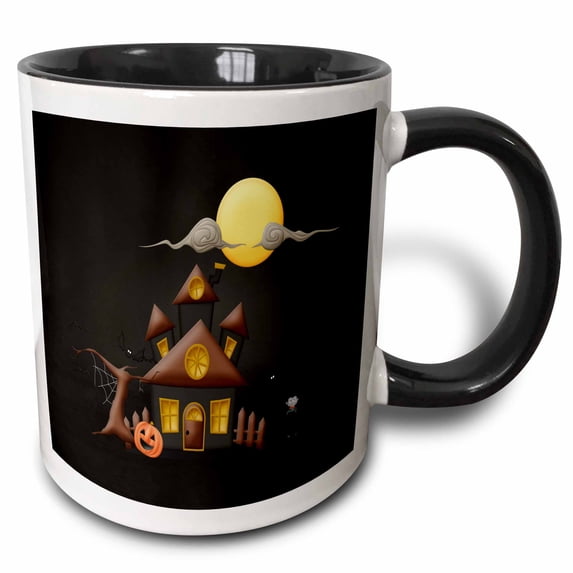 3drose, Haunted House, Frankenstein, Spooky Tree, Pumpkin, Big Moon, and Bats, 15oz Two-tone Black Mug