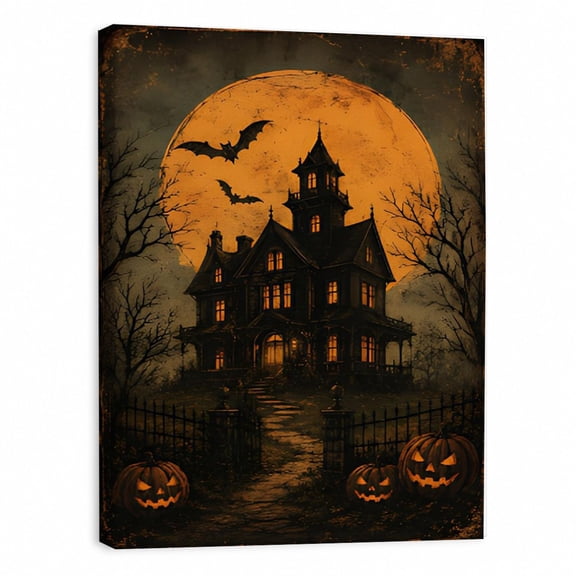 Haunted House Full Moon Bat Wall Art Print, Gothic Halloween Decor