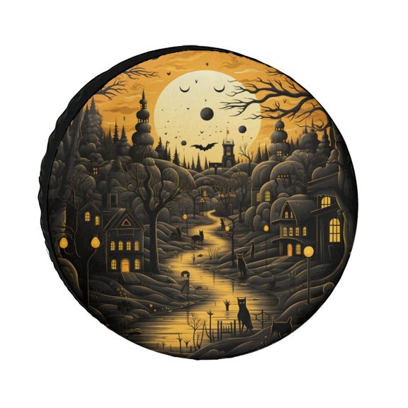Haunted House Full Moon Camping Spare Tire Cover Halloween Fall Decor Protectors Weatherproof Dust-Proof for Travel Trailer Camper Truck SUV Camper 12inch