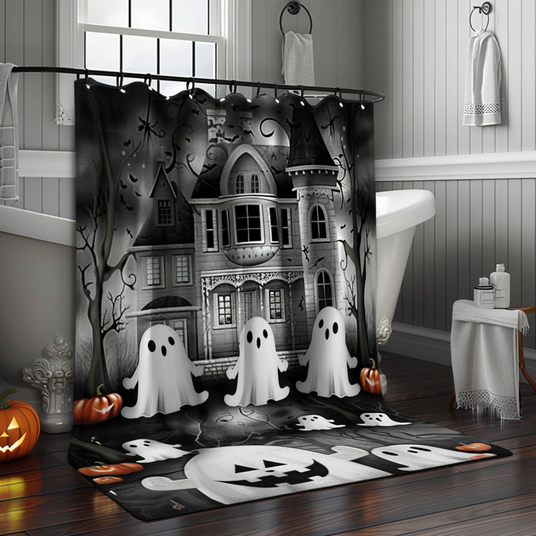 Haunted House Ghosts and Pumpkins Shower Curtain Spooky Bathroom Decor ...