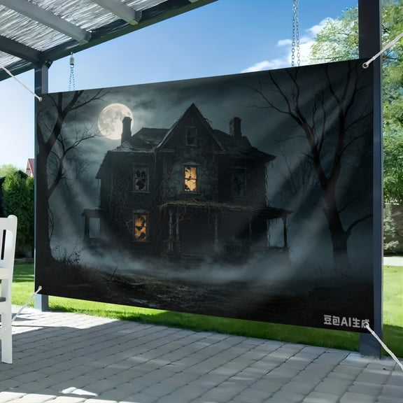Haunted House Halloween Backdrop, Dark Spooky Mansion Fog Scene Photo Background, Scary Party Portrait Photography Banner