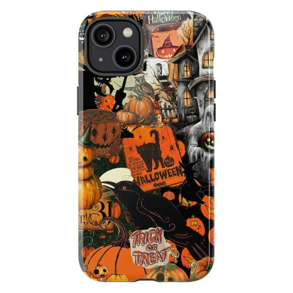 Haunted House Halloween Collage Phone Case, Pumpkin Raven Trick or Treat iPhone Cover for iPhone 16 15 14 13 12 11 Pro Max Plus Mini