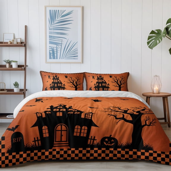 Haunted House Halloween Dead Trees Ghost Bat California King Size Bed Set,Black Shadow Scary Orange 4 Pcs Bedding Set with 1 Quiltcover (96"x104"),1 Sheet (110"x98"),2 Pillowcases (20"x36")
