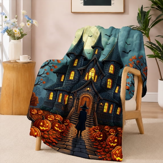 Haunted House Halloween Flannel Fleece Blanket Spooky Pattern Soft Throw Blanket Fall Holiday Home Decor SPXUBZ 60"x50"