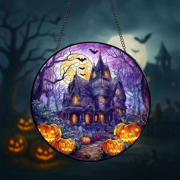 Haunted House Halloween Suncatcher, Castle Halloween Stained Glass Suncatcher, Vintage Spooky Window Hanging, Spooky Season Home Decor 4327267941