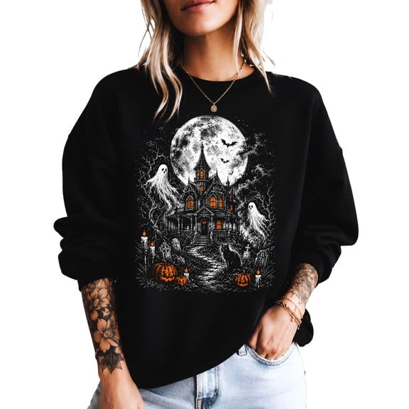 Haunted House Halloween Sweatshirt for Women Spooky Ghost Crewneck, Black Sweatshirt, M