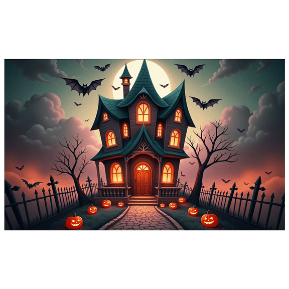 Haunted House Halloween Theme Spooky Decoration Jack-O-Lantern Design Bat Decoration Creepy Background for Halloween Party Kids Event Festive Decoration