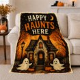 thumbnail image 1 of Haunted House Happy Haunts Phrase Halloween, Festive Halloween Scene, Warm Flannel Blanket for Living Room and Family Room, Art Lovers Halloween Gift, Festive Home Decor, 1 of 9
