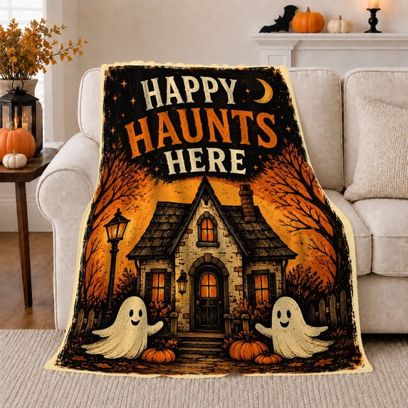 Haunted House Happy Haunts Phrase Halloween, Festive Halloween Scene, Warm Flannel Blanket for Living Room and Family Room, Art Lovers Halloween Gift, Festive Home Decor