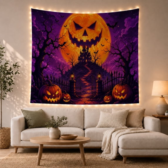 Haunted House on Hill with Pumpkins, Spooky Gothic for Goth Fans, Digital Art Wall Decor, Halloween Gift, Tapestry Wall Hanging for Bedroom and Living Room