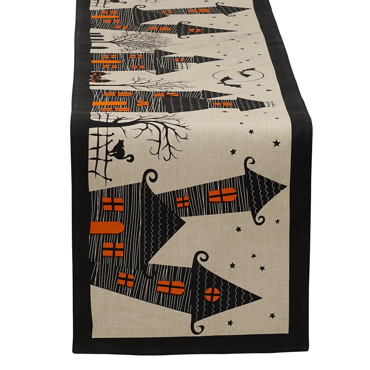 Cotton Haunted House Table Runner, 14x72, Halloween Decor