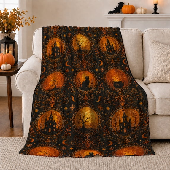 Haunted House Moon Medallions with Bats and Stars, Spooky Halloween Pattern for Halloween Lovers, Halloween Gift, Soft Flannel Blanket for Family Room and Guest Room, Gothic Home Decor