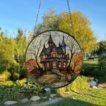 Haunted House Painted Stained Glass Suncatcher, Window Hanging Decor, Outdoor Sun Catcher, Halloween Decor