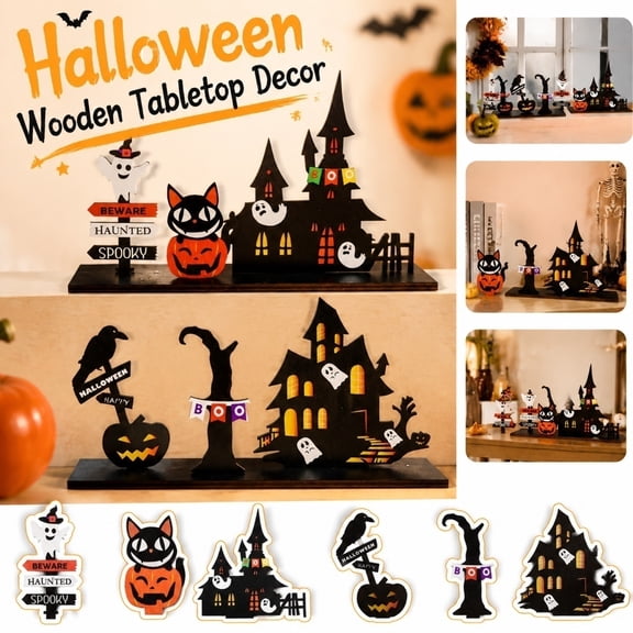 Haunted House Scene Decor 8.62 Inch Long, Laser Cut Wood Sign With RIP Tombstone And Jack-O-Lantern, Creepy Yet Cute Accent For Mantelpiece Shelf Or Entryway Console Table B